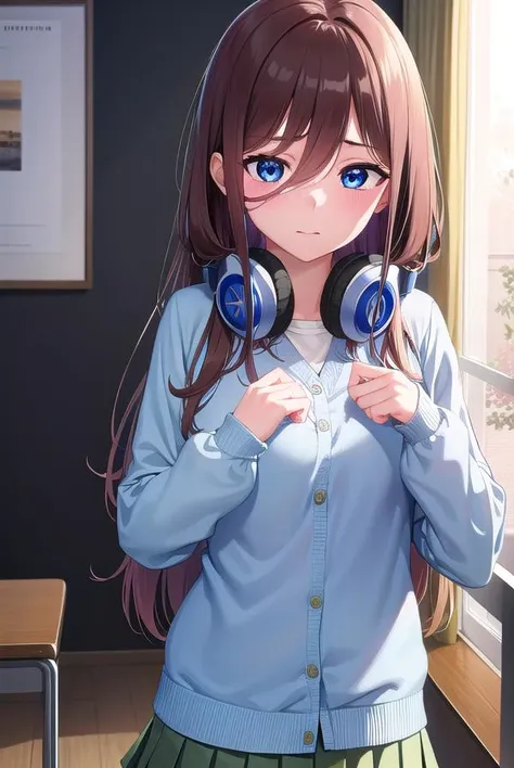 mikunakano, <lyco:mikunakano-lyco-nochekaiser:1>,
miku nakano, long hair, bangs, blue eyes, brown hair, shirt, hair between eyes, headphones, cardigan, headphones around neck, <lora:yudedako_v100:1>, embarrassed,
BREAK skirt, shirt, long sleeves, white shirt, pantyhose, pleated skirt, black pantyhose, cardigan, green skirt, blue cardigan,
BREAK looking at viewer,
BREAK indoors, classroom,
BREAK <lyco:GoodHands-beta2:1>, (masterpiece:1.2), best quality, high resolution, unity 8k wallpaper, (illustration:0.8), (beautiful detailed eyes:1.6), extremely detailed face, perfect lighting, extremely detailed CG, (perfect hands, perfect anatomy),