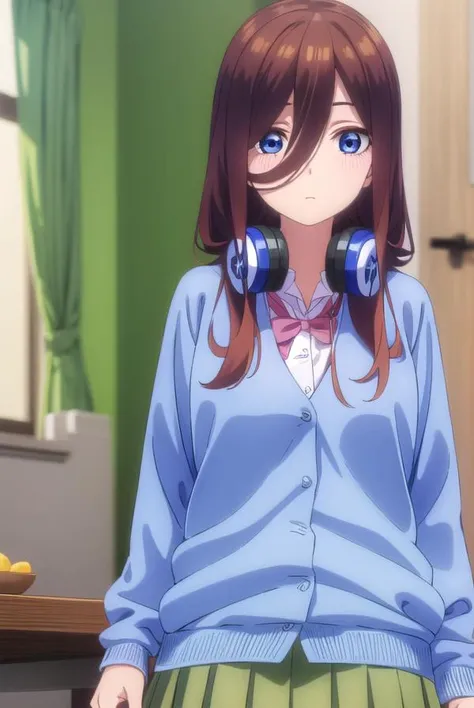 mikunakano, <lyco:mikunakanospecial-lyco-nochekaiser:1>,
miku nakano, long hair, bangs, blue eyes, brown hair, shirt, hair between eyes, headphones, cardigan, headphones around neck,
BREAK skirt, shirt, long sleeves, white shirt, pantyhose, pleated skirt, black pantyhose, cardigan, green skirt, blue cardigan,
BREAK indoors, classroom,
BREAK looking at viewer, (cowboy shot:1.5),
BREAK <lyco:GoodHands-beta2:1>, (masterpiece:1.2), best quality, high resolution, unity 8k wallpaper, (illustration:0.8), (beautiful detailed eyes:1.6), extremely detailed face, perfect lighting, extremely detailed CG, (perfect hands, perfect anatomy),