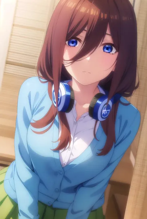 mikunakano, <lyco:mikunakanospecial-lyco-nochekaiser:1>,
miku nakano, long hair, bangs, blue eyes, brown hair, shirt, hair between eyes, headphones, cardigan, headphones around neck,
BREAK skirt, shirt, long sleeves, white shirt, pantyhose, pleated skirt, black pantyhose, cardigan, green skirt, blue cardigan,
BREAK indoors, classroom,
BREAK looking at viewer, (cowboy shot:1.5),
BREAK <lyco:GoodHands-beta2:1>, (masterpiece:1.2), best quality, high resolution, unity 8k wallpaper, (illustration:0.8), (beautiful detailed eyes:1.6), extremely detailed face, perfect lighting, extremely detailed CG, (perfect hands, perfect anatomy),