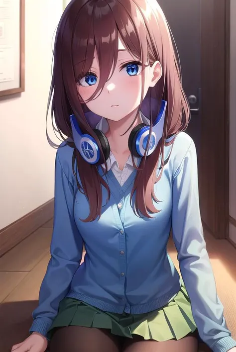 mikunakano, <lyco:mikunakano-lyco-nochekaiser:1>,
miku nakano, long hair, bangs, blue eyes, brown hair, shirt, hair between eyes, headphones, cardigan, headphones around neck,
BREAK skirt, shirt, long sleeves, white shirt, pantyhose, pleated skirt, black pantyhose, cardigan, green skirt, blue cardigan,
BREAK looking at viewer,
BREAK indoors, classroom,
BREAK <lyco:GoodHands-beta2:1>, (masterpiece:1.2), best quality, high resolution, unity 8k wallpaper, (illustration:0.8), (beautiful detailed eyes:1.6), extremely detailed face, perfect lighting, extremely detailed CG, (perfect hands, perfect anatomy),