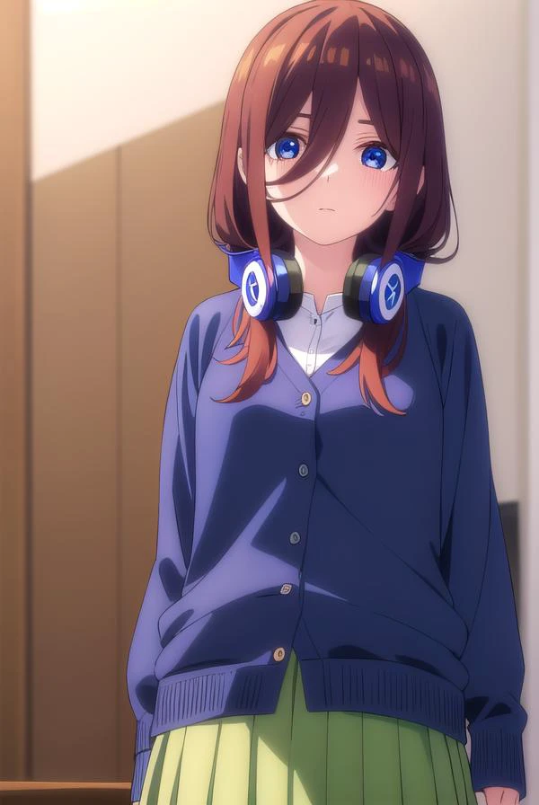 mikunakano, <lyco:mikunakanospecial-lyco-nochekaiser:1>,
miku nakano, long hair, bangs, blue eyes, brown hair, shirt, hair between eyes, headphones, cardigan, headphones around neck,
BREAK skirt, shirt, long sleeves, white shirt, pantyhose, pleated skirt, black pantyhose, cardigan, green skirt, blue cardigan,
BREAK indoors, classroom,
BREAK looking at viewer, (cowboy shot:1.5),
BREAK <lyco:GoodHands-beta2:1>, (masterpiece:1.2), best quality, high resolution, unity 8k wallpaper, (illustration:0.8), (beautiful detailed eyes:1.6), extremely detailed face, perfect lighting, extremely detailed CG, (perfect hands, perfect anatomy),
