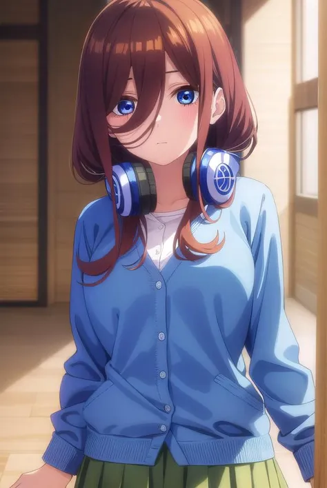 mikunakano, <lyco:mikunakanospecial-lyco-nochekaiser:1>,
miku nakano, long hair, bangs, blue eyes, brown hair, shirt, hair between eyes, headphones, cardigan, headphones around neck,
BREAK skirt, shirt, long sleeves, white shirt, pantyhose, pleated skirt, black pantyhose, cardigan, green skirt, blue cardigan,
BREAK indoors, classroom,
BREAK looking at viewer, (cowboy shot:1.5),
BREAK <lyco:GoodHands-beta2:1>, (masterpiece:1.2), best quality, high resolution, unity 8k wallpaper, (illustration:0.8), (beautiful detailed eyes:1.6), extremely detailed face, perfect lighting, extremely detailed CG, (perfect hands, perfect anatomy),