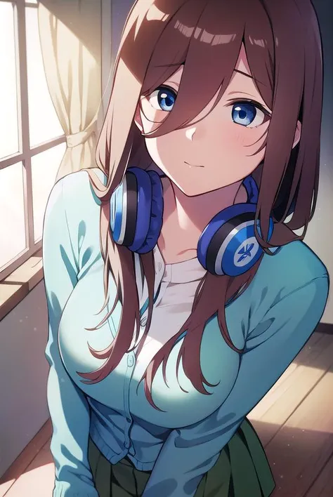 mikunakano, <lyco:mikunakano-LYCORIStest:1>, miku nakano, long hair, bangs, blue eyes, brown hair, shirt, hair between eyes, headphones, cardigan, headphones around neck,
BREAK skirt, shirt, long sleeves, white shirt, pantyhose, pleated skirt, black pantyhose, cardigan, green skirt, blue cardigan,
BREAK indoors, classroom,
BREAK looking at viewer, BREAK <lora:GoodHands-vanilla:1>, (masterpiece:1.2), best quality, high resolution, unity 8k wallpaper, (illustration:0.8), (beautiful detailed eyes:1.6), extremely detailed face, perfect lighting, extremely detailed CG, (perfect hands, perfect anatomy),