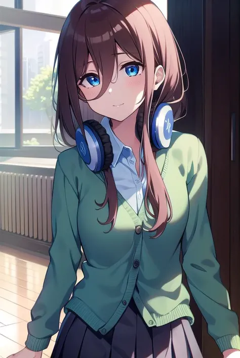 mikunakano, <lyco:mikunakano-LYCORIStest:1>, miku nakano, long hair, bangs, blue eyes, brown hair, shirt, hair between eyes, headphones, cardigan, headphones around neck,
BREAK skirt, shirt, long sleeves, white shirt, pantyhose, pleated skirt, black pantyhose, cardigan, green skirt, blue cardigan,
BREAK indoors, classroom,
BREAK looking at viewer, BREAK <lora:GoodHands-vanilla:1>, (masterpiece:1.2), best quality, high resolution, unity 8k wallpaper, (illustration:0.8), (beautiful detailed eyes:1.6), extremely detailed face, perfect lighting, extremely detailed CG, (perfect hands, perfect anatomy),