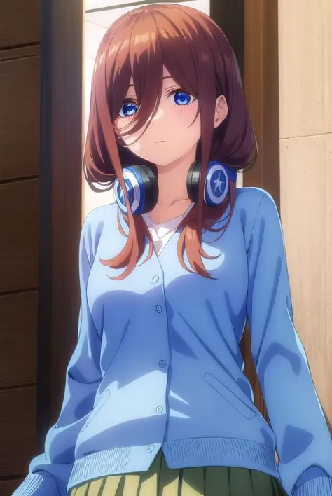 mikunakano, <lyco:mikunakanospecial-lyco-nochekaiser:1>,
miku nakano, long hair, bangs, blue eyes, brown hair, shirt, hair between eyes, headphones, cardigan, headphones around neck,
BREAK skirt, shirt, long sleeves, white shirt, pantyhose, pleated skirt, black pantyhose, cardigan, green skirt, blue cardigan,
BREAK indoors, classroom,
BREAK looking at viewer, (cowboy shot:1.5),
BREAK <lyco:GoodHands-beta2:1>, (masterpiece:1.2), best quality, high resolution, unity 8k wallpaper, (illustration:0.8), (beautiful detailed eyes:1.6), extremely detailed face, perfect lighting, extremely detailed CG, (perfect hands, perfect anatomy),