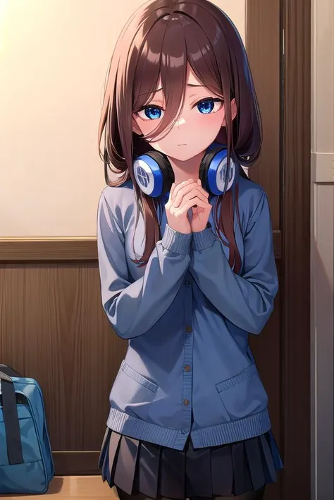 mikunakano, <lyco:mikunakano-lyco-nochekaiser:1>,
miku nakano, long hair, bangs, blue eyes, brown hair, shirt, hair between eyes, headphones, cardigan, headphones around neck, <lora:yudedako_v100:1>,
BREAK skirt, shirt, long sleeves, white shirt, pantyhose, pleated skirt, black pantyhose, cardigan, green skirt, blue cardigan,
BREAK looking at viewer,
BREAK indoors, classroom,
BREAK <lyco:GoodHands-beta2:1>, (masterpiece:1.2), best quality, high resolution, unity 8k wallpaper, (illustration:0.8), (beautiful detailed eyes:1.6), extremely detailed face, perfect lighting, extremely detailed CG, (perfect hands, perfect anatomy),