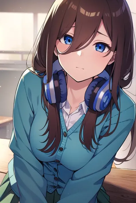 mikunakano, <lyco:mikunakano-LYCORIStest:1>, miku nakano, long hair, bangs, blue eyes, brown hair, shirt, hair between eyes, headphones, cardigan, headphones around neck,
BREAK skirt, shirt, long sleeves, white shirt, pantyhose, pleated skirt, black pantyhose, cardigan, green skirt, blue cardigan,
BREAK indoors, classroom,
BREAK looking at viewer, BREAK <lora:GoodHands-vanilla:1>, (masterpiece:1.2), best quality, high resolution, unity 8k wallpaper, (illustration:0.8), (beautiful detailed eyes:1.6), extremely detailed face, perfect lighting, extremely detailed CG, (perfect hands, perfect anatomy),