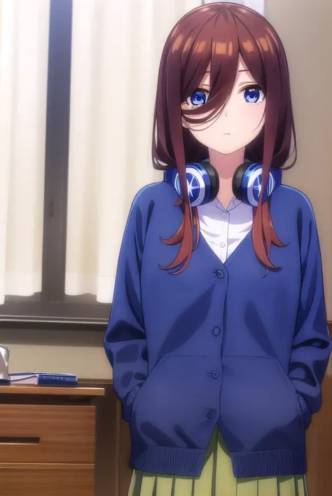 mikunakano, <lyco:mikunakanospecial-lyco-nochekaiser:1>,
miku nakano, long hair, bangs, blue eyes, brown hair, shirt, hair between eyes, headphones, cardigan, headphones around neck,
BREAK skirt, shirt, long sleeves, white shirt, pantyhose, pleated skirt, black pantyhose, cardigan, green skirt, blue cardigan,
BREAK indoors, classroom,
BREAK looking at viewer, (cowboy shot:1.5),
BREAK <lyco:GoodHands-beta2:1>, (masterpiece:1.2), best quality, high resolution, unity 8k wallpaper, (illustration:0.8), (beautiful detailed eyes:1.6), extremely detailed face, perfect lighting, extremely detailed CG, (perfect hands, perfect anatomy),