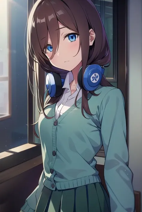 mikunakano, <lyco:mikunakano-LYCORIStest:1>, miku nakano, long hair, bangs, blue eyes, brown hair, shirt, hair between eyes, headphones, cardigan, headphones around neck,
BREAK skirt, shirt, long sleeves, white shirt, pantyhose, pleated skirt, black pantyhose, cardigan, green skirt, blue cardigan,
BREAK indoors, classroom,
BREAK looking at viewer, BREAK <lora:GoodHands-vanilla:1>, (masterpiece:1.2), best quality, high resolution, unity 8k wallpaper, (illustration:0.8), (beautiful detailed eyes:1.6), extremely detailed face, perfect lighting, extremely detailed CG, (perfect hands, perfect anatomy),