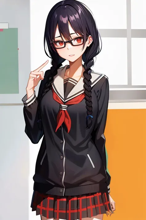 absurdres, highres, 1girl, black hair, twin braids, glasses, looking at viewer, school uniform,