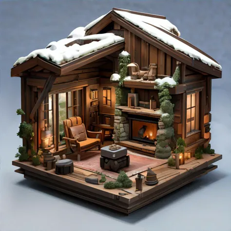 <lora:isometricview:0.7>, isometric view of a rustic cabin interior with a large fireplace, a bearskin rug, and a rocking chair by the window, miniature || masterpiece, 8k, high resolution, shallow depth of field, sharp focus, incredible detail