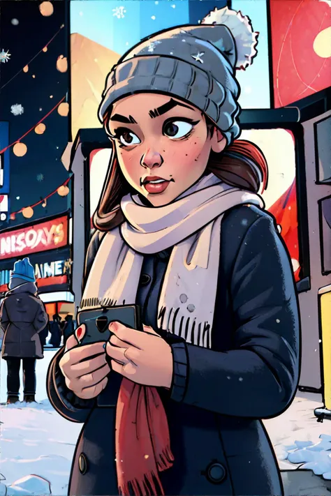 <lora:modernamericancomic:0.8>, american comics one, woman, knit scarf, beanie hat, rosy cheeks, winter, snow, times square, christmas || <lora:modernamericancomic:0.6>, masterpiece, perfect quality, sharp focus, shallow depth of field, 8k