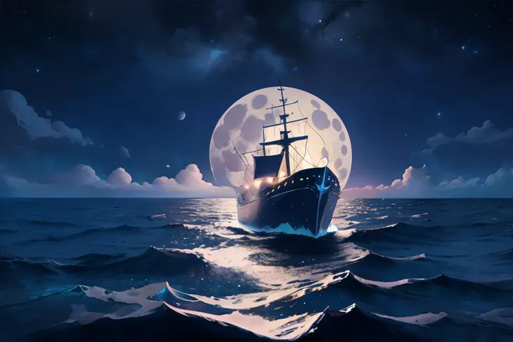 sea at night, a solo ship riding on open water, smooth water, full moon and starry sky reflecting on the ocean surface, tranquil with an air of mystery, secrets lurking in the dark, ghost ship, kraken lurking beneath the water || water, night sky, clouds, ghostly shadows, masterpiece, 8k, high resolution, shallow depth of field, sharp focus