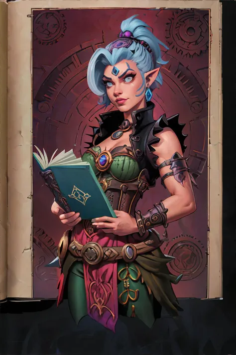<lora:advanceddandd-wolfsystems:0.8>, advdnd2023, book cover, novel illustration, advanced dungeons and dragons, genasi woman, Merchant, Mohawk with brightly colored spikes hairstyle, wearing Steampunk corsets with gears and clockwork details, Windswept Plateau || <lora:advanceddandd-wolfsystems:0.2>, advdnd2023, illustration, advanced dungeons and dragons, person, skin, hair, clothing, masterpiece, 8k, high resolution, shallow depth of field, sharp focus