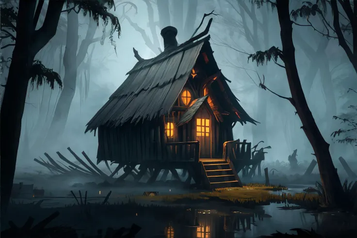 swamp at night, baba yaga's hut looming over the swamp, evil witch hut on tall stilts, candlelight spilling out of the windows, black magic, sinister aura, mist covering the ground, creatures lurking in the shadows, volumetric lighting, atmospheric shadows || fog, mist, swamp, witch hut, masterpiece, 8k, high resolution, shallow depth of field, sharp focus