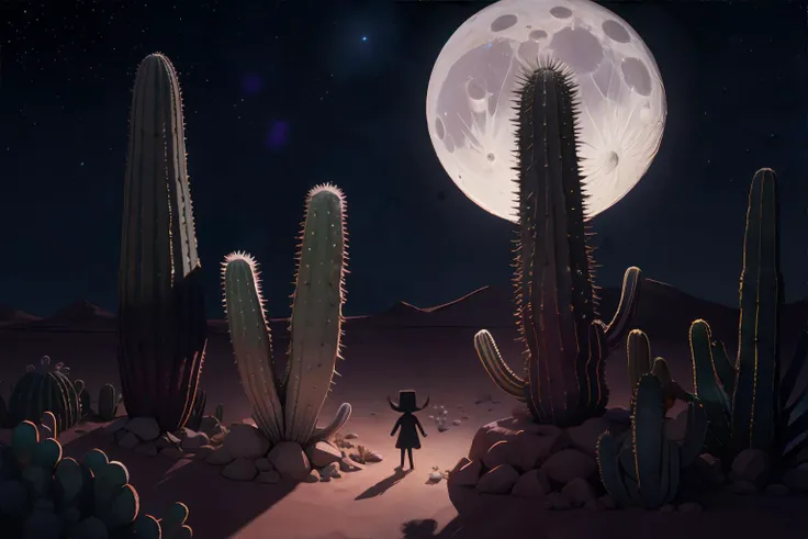 desert at night, full moon, starry sky, cacti, creepy shadows, haunted figures in the distance, skinwalkers lurking in the shadows, spooky atmosphere, volumetric lighting, atmospheric shadows || desert, moonlight, starlight, sand, cacti, shadows, masterpiece, 8k, high resolution, shallow depth of field, sharp focus