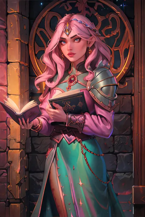 <lora:advanceddandd-wolfsystems:0.8>, advdnd2023, book cover, novel illustration, advanced dungeons and dragons, aasimar woman, Archaeologist, Wavy shoulder-length lob hairstyle, wearing A dusty rose satin jacket embellished with shimmery stars, Underground Labyrinth || <lora:advanceddandd-wolfsystems:0.2>, advdnd2023, illustration, advanced dungeons and dragons, person, skin, hair, clothing, masterpiece, 8k, high resolution, shallow depth of field, sharp focus