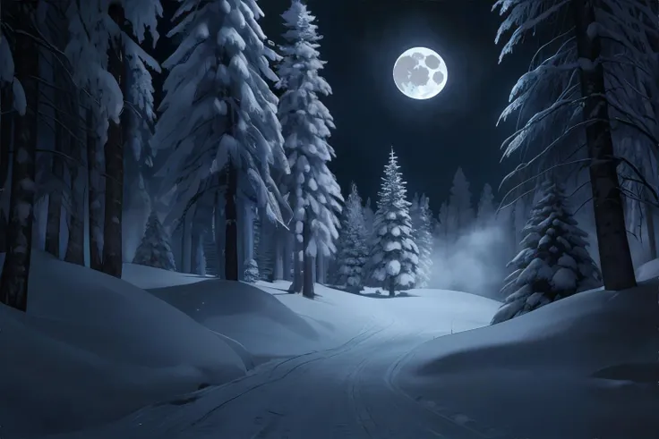 eerie mountain forest, snow covered, fir trees, dyatlov pass, siberia, full moon, haunted shadows, ghosts lurking in the shadows, dark sky, atmospheric shadows || snow, night sky, trees, haunting shadows, masterpiece, 8k, high resolution, shallow depth of field, sharp focus