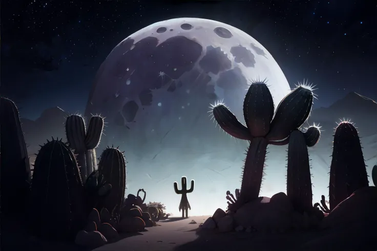 desert at night, full moon, starry sky, cacti, creepy shadows, haunted figures in the distance, skinwalkers lurking in the shadows, spooky atmosphere, volumetric lighting, atmospheric shadows || desert, moonlight, starlight, sand, cacti, shadows, masterpiece, 8k, high resolution, shallow depth of field, sharp focus