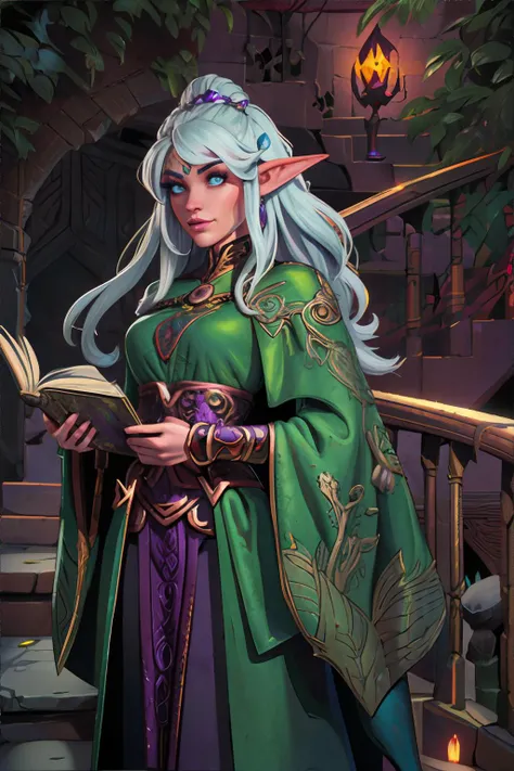 <lora:advanceddandd-wolfsystems:0.8>, advdnd2023, book cover, novel illustration, advanced dungeons and dragons, night elf woman, Scribe, Dreadlock mohawk hairstyle, wearing Elven princess-inspired silk gowns with leafy embellishments, Endless Staircase || <lora:advanceddandd-wolfsystems:0.2>, advdnd2023, illustration, advanced dungeons and dragons, person, skin, hair, clothing, masterpiece, 8k, high resolution, shallow depth of field, sharp focus