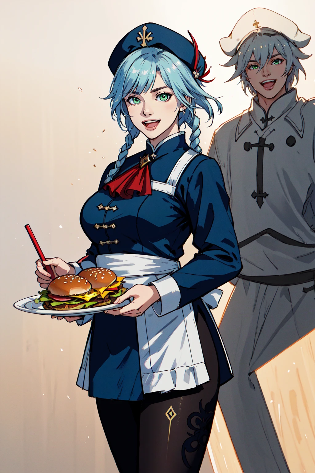 official art, unity 8k wallpaper, Noelle of Genshin Impact, sexy chinese MMORPG character, CG game art, ultra detailed, beautiful and aesthetic, High quality, beautiful, masterpiece, best quality, (zentangle, mandala, tangle, entangle:0.6), 1girl, burger, official alternate costume, food, green eyes, white pantyhose, smile, hat, solo, pantyhose, uniform, bangs, cup, looking at viewer, employee uniform, tray, disposable cup, long sleeves, simple background, short hair, braid, apron, french fries, :d, open mouth, holding, blunt bangs, grey hair, drinking straw, beret, plate, ascot, large breasts, cola, bow, sidelocks, black headwear, ((Genshin Impact)), Best_QualityPos Earth-QualityPos BodyPositive EarthPorcelain