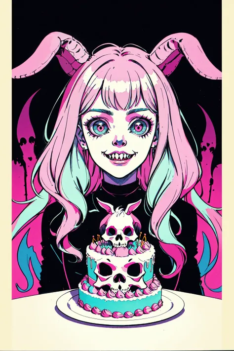 official art, unity 8k wallpaper, ultra detailed, beautiful and aesthetic, High quality, beautiful, masterpiece, best quality, (zentangle, mandala, tangle, entangle:0.6), flat color, limited palette, low contrast, a cute girl serving cake to demons, pink, bright pastel colors, kawaii, (horror), eerie, rabbit skull, goat skull, in hell, creepy, demons, claws, best lighting LoFiFilter