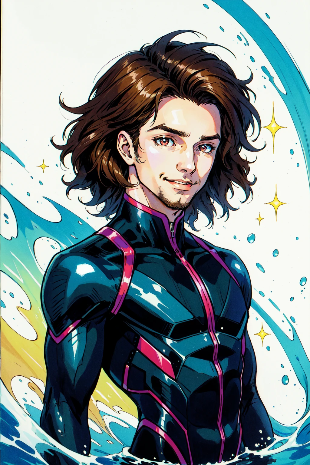 official art, unity 8k wallpaper, ultra detailed, beautiful and aesthetic, High quality, beautiful, masterpiece, best quality, (zentangle, mandala, tangle, entangle:0.6),Le Diable Blanc, Gambit, Remy Lebeau, detailed eyes , detailed face, shiny skin, masterpiece, best illustration, 1boy, male focus, solo, facial hair, stubble, colored sclera, red eyes, black sclera, brown hair, smile, upper body, bodysuit, parted lips, jacket, cropped torso, looking at viewer, water splash, wind swept, glitter,ultra sharp NoiseFilter