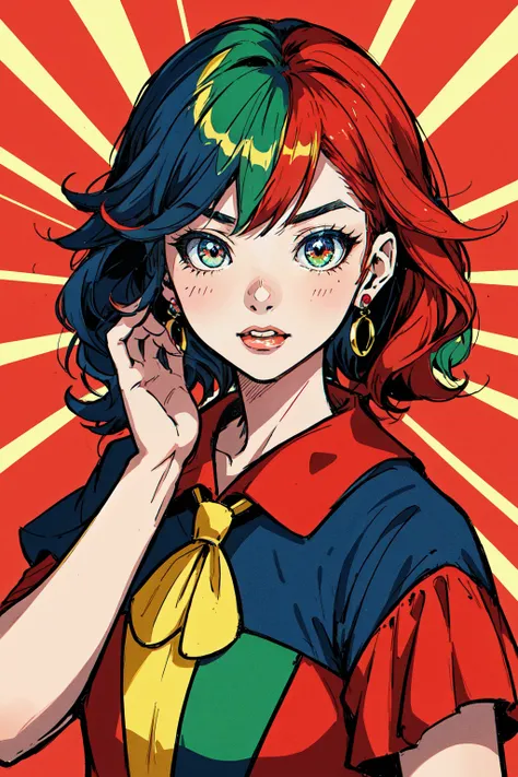 drawing by thewow aa010, in the style of kawaii pop art, light crimson and emerald, mashup of styles, shiny eyes, romantic academia, clownpunk, navy and crimson