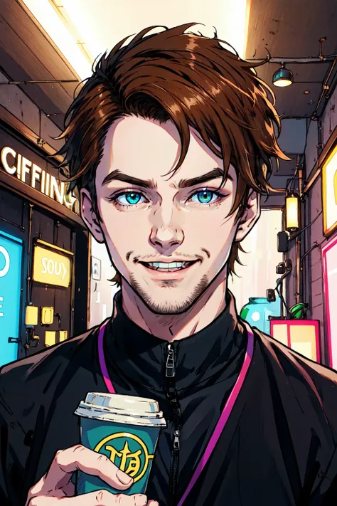 Sean McLoughlin, Jacksepticeye, Irish Youtuber, solo portrait, brown hair, he's at his home, there's a neon sign behind him, he's streaming on youtube, drinking coffee, singing happily, "Top o' the morning to ya lads!" he says.