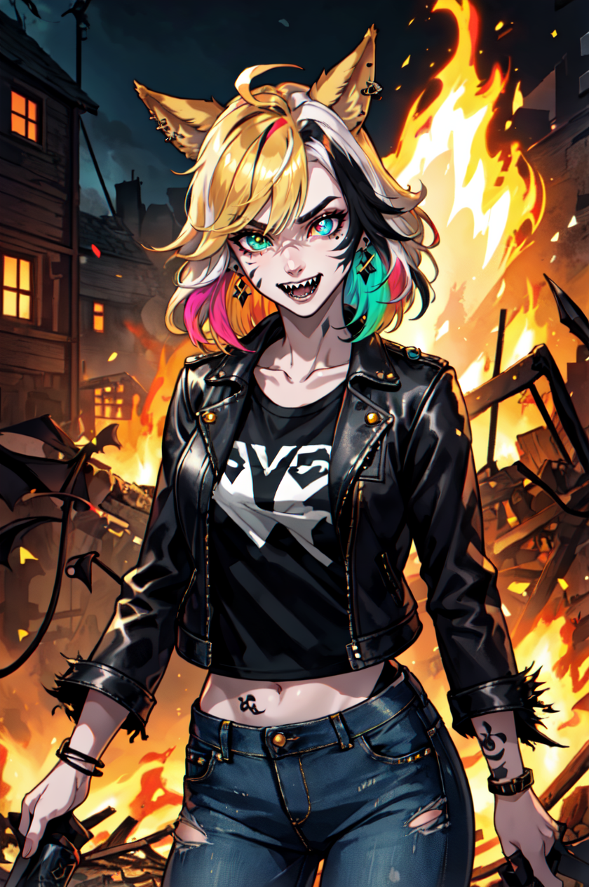A woman in a black jacket and jeans standing in front of a fire - SeaArt AI