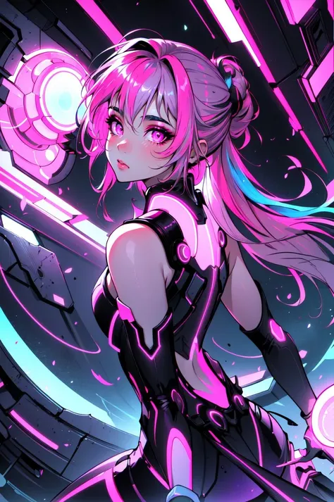 (masterpiece, best quality, ultra-detailed, highres, best illustration),perfect face, ((solo, solo focus, kawaii, neon rim lighting, neon back lights )),side lighting, epic, illustration, render, volumetric lighting, welcoming, see-through gossamer, lustrous skin,(bloom), (shine), Neon Dreams, 1girl, solo, long hair, looking at viewer, makeup, neon eyeshadow, neon magenta eyes, multicolored hair, pink hair, purple hair, updo, specular highlights, neon theme, neon futurism, dynamic angle, dynamic pose,