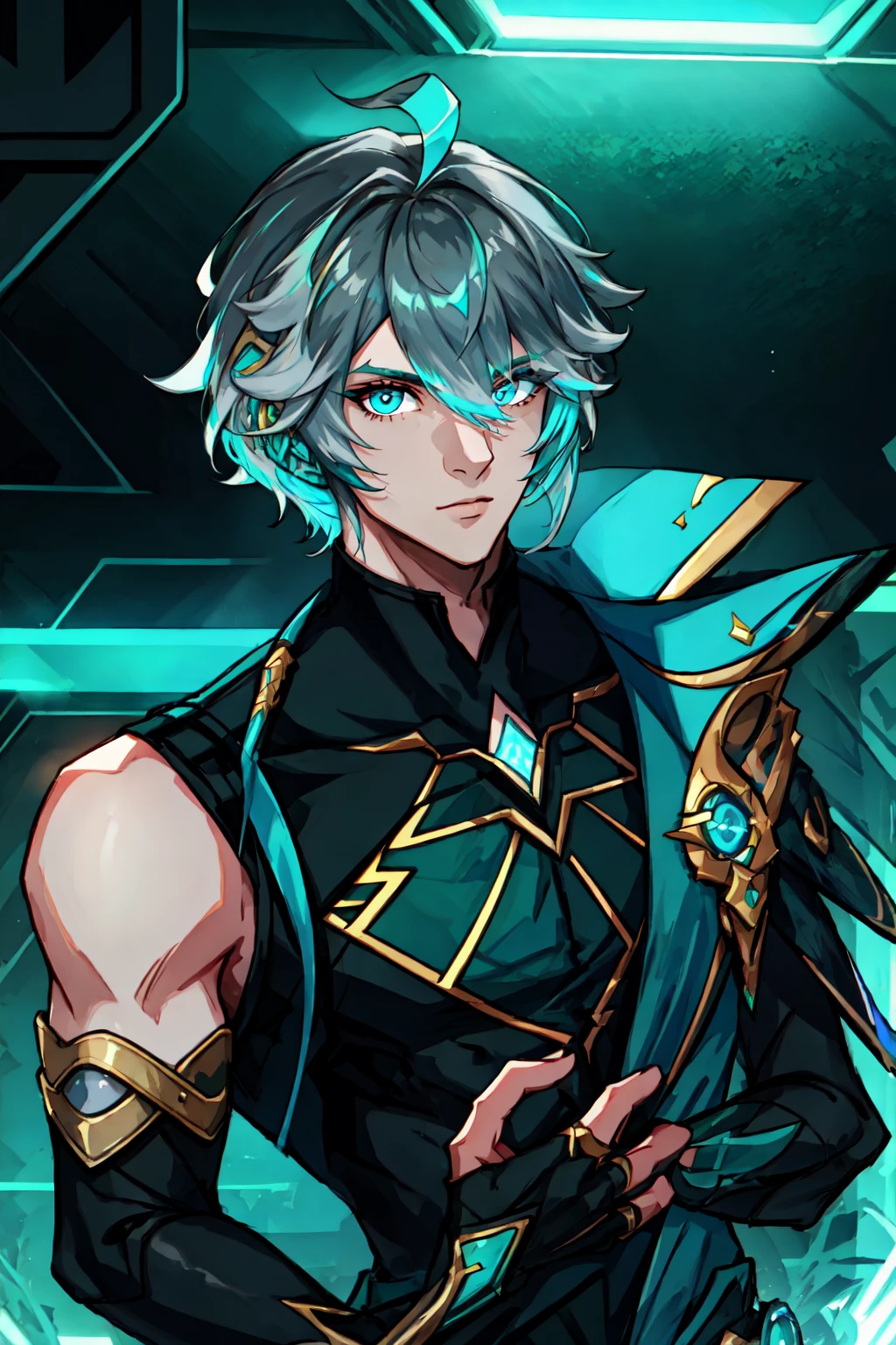 masterpiece, best quality, alhaitham\(genshin impact\), boy, ,solo, grey hair, gloves, bangs, upper body, looking at viewer,aqua eyes, symmetrical eyes, ahoge, short hair,hair between eyes, multicolored hair, swept bangs, elbow gloves, white t-shirt, parted bangs,cyberpunk arcade background, neon lighting, <lora:alhaitham:0.9> GenderFreeVibes
