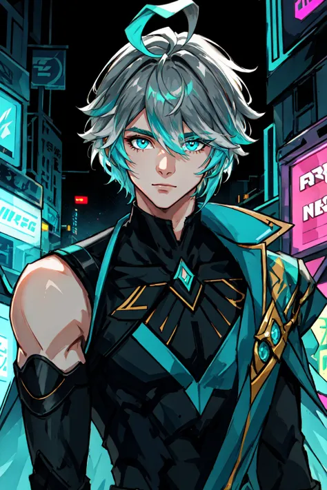 masterpiece, best quality, alhaitham\(genshin impact\), boy, ,solo, grey hair, gloves, bangs, upper body, looking at viewer,aqua eyes, symmetrical eyes, ahoge, short hair,hair between eyes, multicolored hair, swept bangs, elbow gloves, white t-shirt, parted bangs,cyberpunk arcade background, neon lighting, <lora:alhaitham:0.75>