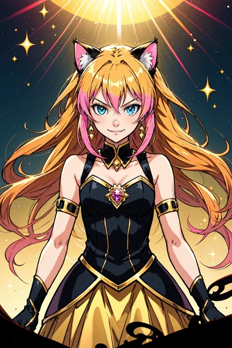 todd anime character, in the style of fairycore, mischievous feline motif, light gold and dark azure, princesscore, dark black and light amber, dark orange and light magenta, musical academia