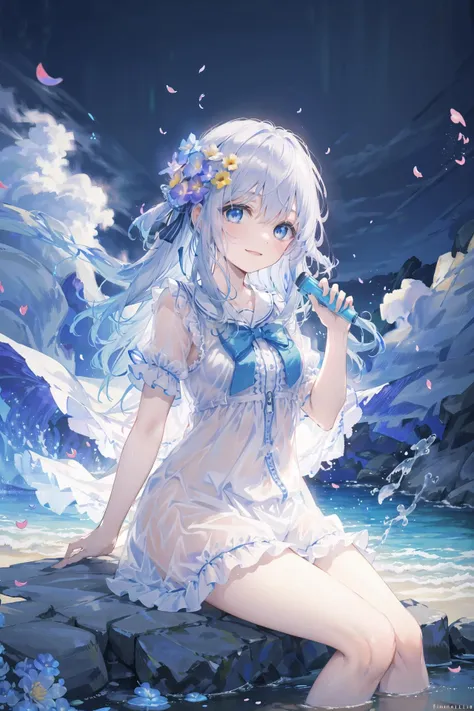 (masterpiece, best quality),illustration,(Cinematic Lighting),extremely detailed CG unity 8k wallpaper,intricate details,beautiful delicate eyes,colorful reflection,extremely delicate and beautiful hair,very beautiful delicate anime face,nsfw,
(1loli:1.15),(dewy blue eyes),floating silver hair,smile,(glint,sitting),see-through pajamas,hair_bow,slender legs,[[hair between eyes]],
sunlight,(colorful flowers,flower petals:1.2),blue sky,wind,spring,beautiful detaled water,spray of water,cottagebackground,cloudy,<lyco:GoodHands-beta2:1.0>