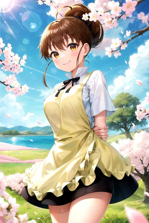 masterpiece, best quality, 1girl, <lyco:Popura-000008:1.0>, taneshima popura, white shirt, ribbon, apron, skirt, smile, arms and hands behind back, fluttering grass, spring, sakura blossoms, petals, lens flare, altocumulus, dazzling light, cool breeze, shade of a sakura tree, meadow, lake, surface reflection