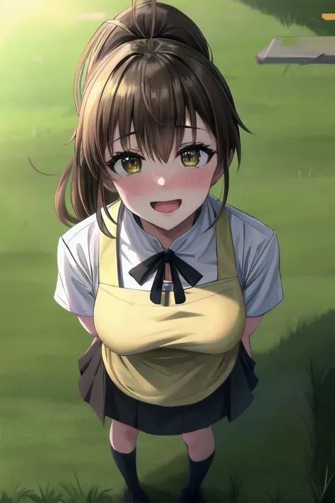 1girl, (8k, highres, masterpiece, best quality), full body, pov, from above, (looking up:1.2), (looking at viewer:1.5),
an illustration of an extremely shorty petite, joyful, approaching, excited, nose blush, detailed eyes, arms behind back,
<lora:unhorny_v01:-0.4>
(on grass, in park:1.1), outdoors, detailed background,
BREAK
<lora:flat2:-0.9>
<lyco:Popura_loha_v1.0:0.7>
taneshima popura, high ponytail, huge breasts,
white shirt, short sleeves, ribbon, (yellow apron:1.1), miniskirt, black socks,