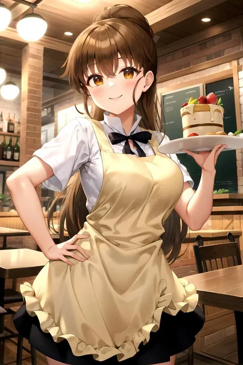 masterpiece, best quality, 1girl, <lyco:Popura-000008:1.0>, taneshima popura, white shirt, ribbon, apron, skirt, smile, indoors, restaurant, hand on own hip