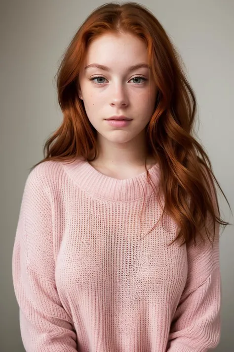 portrait photo of (m1nasundwall:.99), in a (oversized light pink sweater:1.2), (long auburn hair), posing for a picture, (serious look:0.5), epicRealism, for cosmopolitan, realistic skin texture, softcore, warm lighting, simple background, magazine cover style