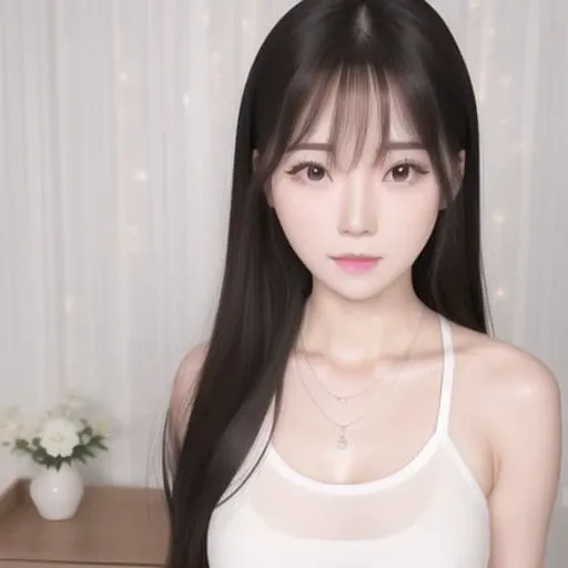 photo of <lora:nara_v10:0.6>, (raw photo:1.2), (photorealistic:1.4), (Kpop idol), korean, beautiful, shiny skin, freckles, oil skin, white skin, whiter skin, long hair, upper body, white tank top, tank top, hand behind back, brown eyes, brown hair, light smile, looking at viewer, curtain background,pink lips, lips with lipstick,light blush, parted lips, bigger eyes,brown eyes, pearl necklace,