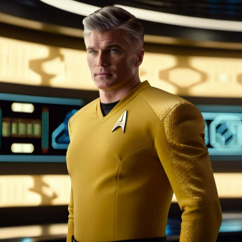cinematic film still cinematic photo close-up portrait of , <lora:captain_pike-000002:1.1> captain_pike, man, 4K resolution, Starfleet uniform, confident gaze, futuristic background, yellow t-shirt uniform, (space-themed imagery), (detailed textures), (photo-realistic rendering), (commanding presence), (vivid colors), (dynamic lighting) . 35mm photograph, film, bokeh, professional, 4k, highly detailed . shallow depth of field, vignette, highly detailed, high budget Hollywood movie, bokeh, cinemascope, moody, epic, gorgeous, film grain, grainy