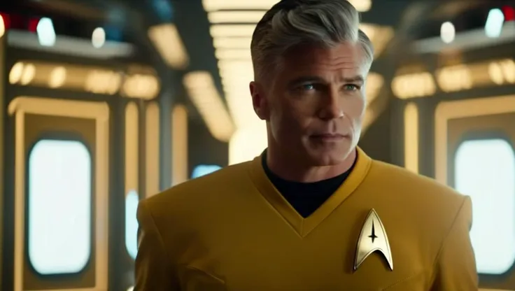 cinematic film still cinematic photo portrait of , <lora:captain_pike-000002:0.9> captain_pike, man, 4K resolution, Starfleet uniform, confident gaze, futuristic background, yellow t-shirt uniform, (space-themed imagery), (detailed textures), (photo-realistic rendering), (commanding presence), (vivid colors), (dynamic lighting) . 35mm photograph, film, bokeh, professional, 4k, highly detailed . shallow depth of field, vignette, highly detailed, high budget Hollywood movie, bokeh, cinemascope, moody, epic, gorgeous, film grain, grainy