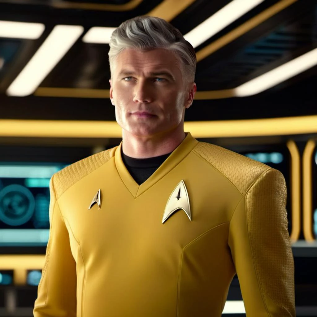 cinematic film still cinematic photo close-up portrait of , <lora:captain_pike-000002:1.1> captain_pike, man, 4K resolution, Starfleet uniform, confident gaze, futuristic background, yellow t-shirt uniform, (space-themed imagery), (detailed textures), (photo-realistic rendering), (commanding presence), (vivid colors), (dynamic lighting) . 35mm photograph, film, bokeh, professional, 4k, highly detailed . shallow depth of field, vignette, highly detailed, high budget Hollywood movie, bokeh, cinemascope, moody, epic, gorgeous, film grain, grainy