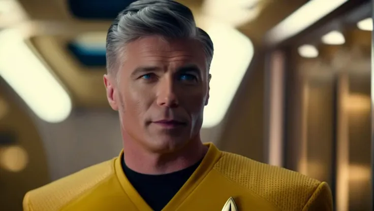 cinematic film still cinematic photo face portrait of , <lora:captain_pike-000002:0.9> captain_pike, man, 4K resolution, Starfleet uniform, confident gaze, futuristic background, yellow t-shirt uniform, (space-themed imagery), (detailed textures), (photo-realistic rendering), (commanding presence), (vivid colors), (dynamic lighting)    . 35mm photograph, film, bokeh, professional, 4k, highly detailed . shallow depth of field, vignette, highly detailed, high budget Hollywood movie, bokeh, cinemascope, moody, epic, gorgeous, film grain, grainy