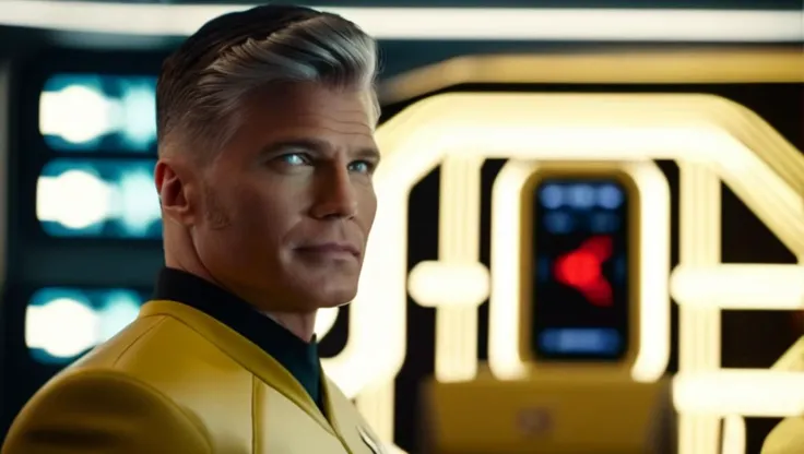 cinematic film still cinematic photo face portrait of , <lora:captain_pike-000002:0.9> captain_pike, man, 4K resolution, Starfleet uniform, confident gaze, futuristic background, yellow t-shirt uniform, (space-themed imagery), (detailed textures), (photo-realistic rendering), (commanding presence), (vivid colors), (dynamic lighting) . 35mm photograph, film, bokeh, professional, 4k, highly detailed . shallow depth of field, vignette, highly detailed, high budget Hollywood movie, bokeh, cinemascope, moody, epic, gorgeous, film grain, grainy