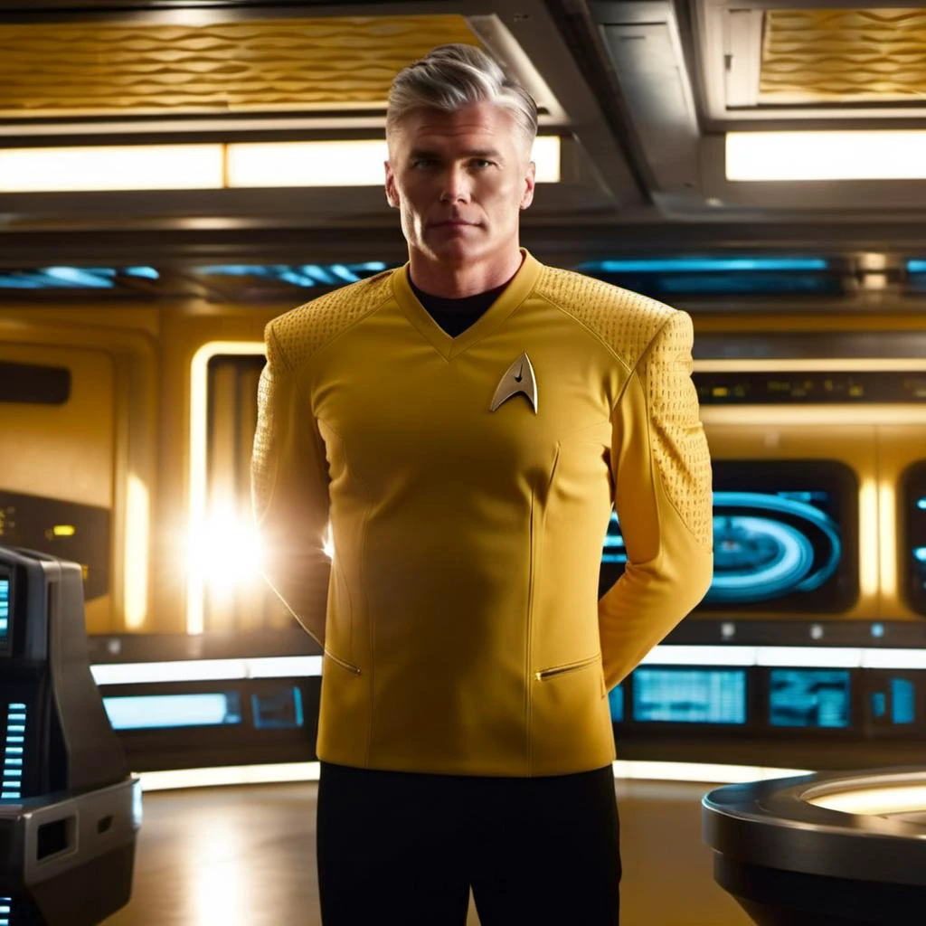 cinematic film still cinematic photo close-up portrait of , <lora:captain_pike-000002:1.1> captain_pike, man, 4K resolution, Starfleet uniform, confident gaze, futuristic background, yellow t-shirt uniform, (space-themed imagery), (detailed textures), (photo-realistic rendering), (commanding presence), (vivid colors), (dynamic lighting) . 35mm photograph, film, bokeh, professional, 4k, highly detailed . shallow depth of field, vignette, highly detailed, high budget Hollywood movie, bokeh, cinemascope, moody, epic, gorgeous, film grain, grainy