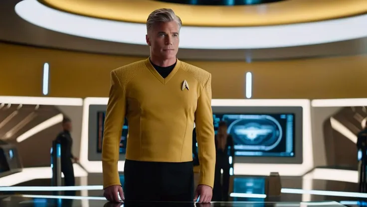 cinematic film still cinematic photo portrait of , <lora:captain_pike-000002:0.9> captain_pike, man, 4K resolution, Starfleet uniform, confident gaze, futuristic background, yellow t-shirt uniform, (space-themed imagery), (detailed textures), (photo-realistic rendering), (commanding presence), (vivid colors), (dynamic lighting) . 35mm photograph, film, bokeh, professional, 4k, highly detailed . shallow depth of field, vignette, highly detailed, high budget Hollywood movie, bokeh, cinemascope, moody, epic, gorgeous, film grain, grainy