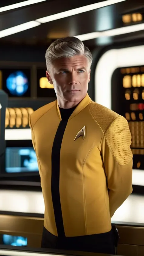 cinematic film still cinematic photo portrait of , <lora:captain_pike-000002:0.9> captain_pike, man, 4K resolution, Starfleet uniform, confident gaze, futuristic background, yellow t-shirt uniform, (space-themed imagery), (detailed textures), (photo-realistic rendering), (commanding presence), (vivid colors), (dynamic lighting)    . 35mm photograph, film, bokeh, professional, 4k, highly detailed . shallow depth of field, vignette, highly detailed, high budget Hollywood movie, bokeh, cinemascope, moody, epic, gorgeous, film grain, grainy