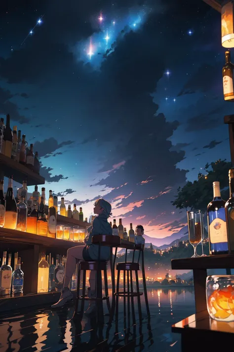 masterpiece, best quality, bottles, fantasy, bar, cityscape, wide shot, city lights, night sky, star \(sky\), starry sky, (bar in the sky:1.5), blurry <lora:sky_bar-000008:0.65>