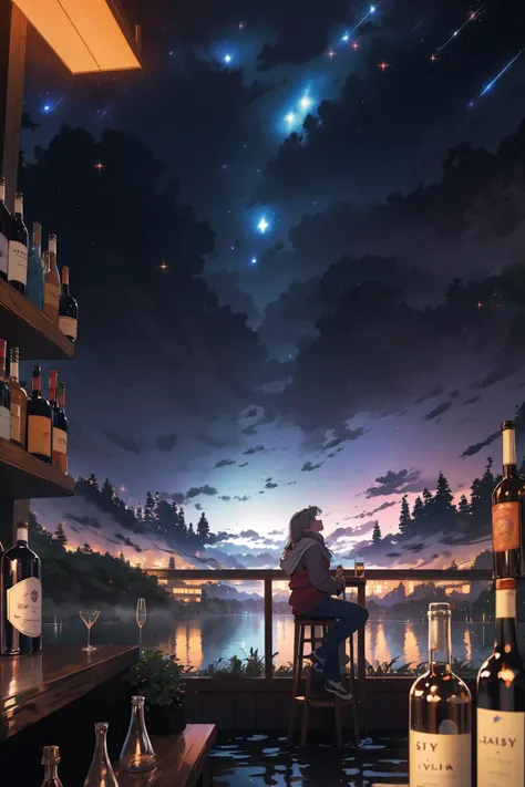 masterpiece, best quality, 1girl, bottle, fantasy, sky, bar, night sky, (ocean:1.3), meteor shower, looking at viewer, ass, drinking, from behind, <lora:sky_bar-000008:0.6>